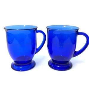 Starbucks set of 2 cobalt blue glass etched pedestal mugs 16 oz